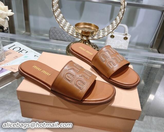 Low Price Miu Miu Leather Flat Slide Sandals with Embroidered Logo Brown 507044