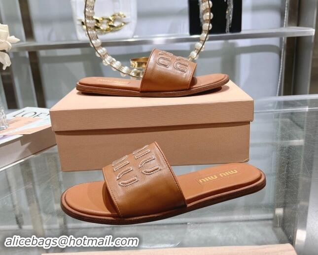 Low Price Miu Miu Leather Flat Slide Sandals with Embroidered Logo Brown 507044