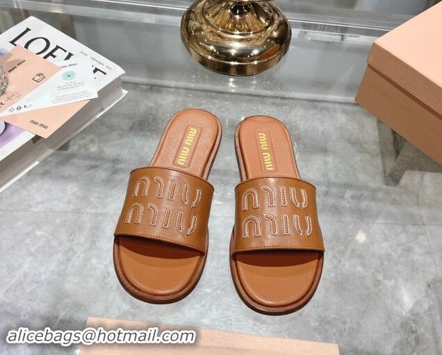 Low Price Miu Miu Leather Flat Slide Sandals with Embroidered Logo Brown 507044