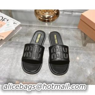 Good Product Miu Miu Leather Flat Slide Sandals with Embroidered Logo Black 507045