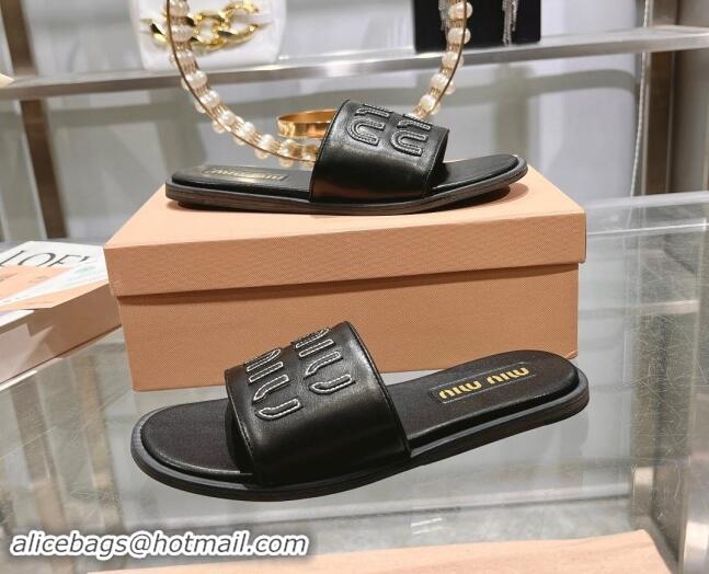 Good Product Miu Miu Leather Flat Slide Sandals with Embroidered Logo Black 507045