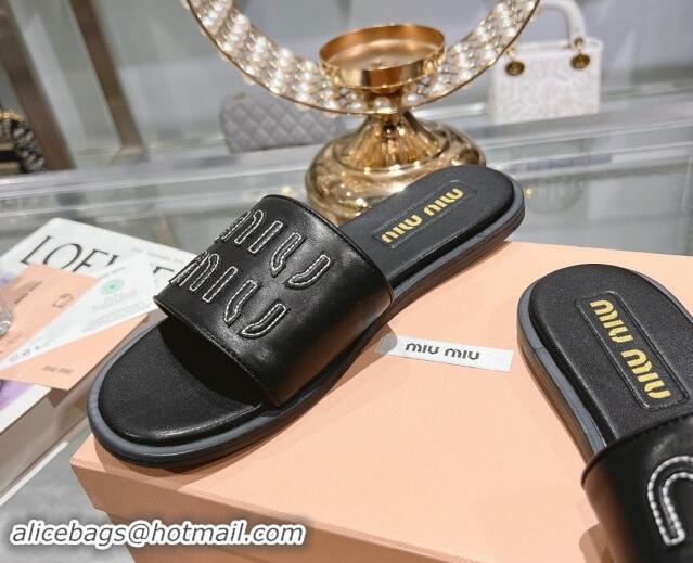 Good Product Miu Miu Leather Flat Slide Sandals with Embroidered Logo Black 507045