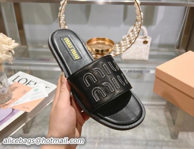 Good Product Miu Miu Leather Flat Slide Sandals with Embroidered Logo Black 507045