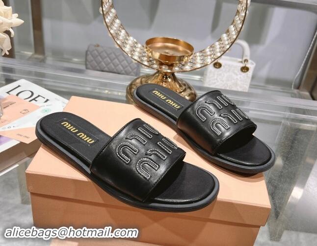 Good Product Miu Miu Leather Flat Slide Sandals with Embroidered Logo Black 507045