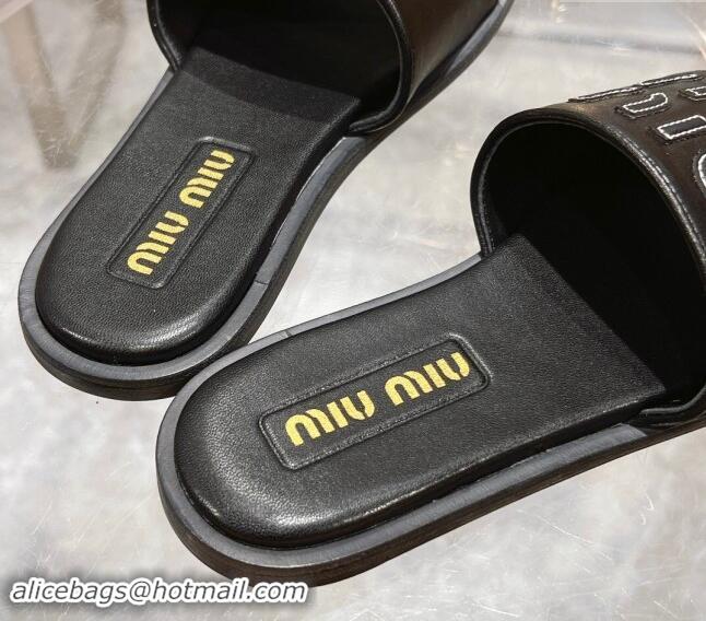 Good Product Miu Miu Leather Flat Slide Sandals with Embroidered Logo Black 507045