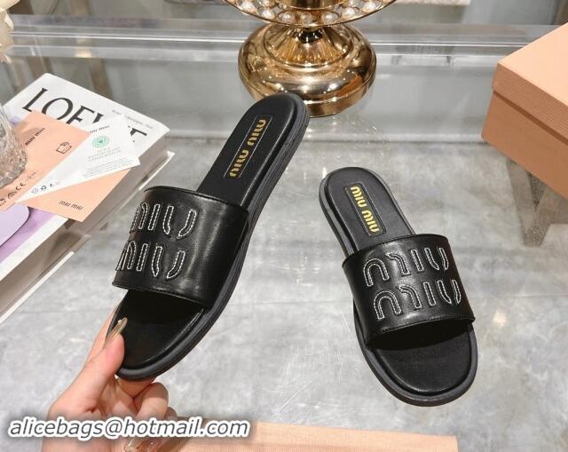 Good Product Miu Miu Leather Flat Slide Sandals with Embroidered Logo Black 507045