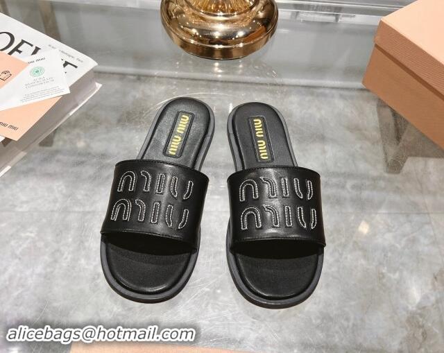 Good Product Miu Miu Leather Flat Slide Sandals with Embroidered Logo Black 507045