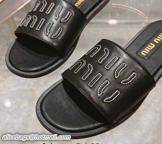 Good Product Miu Miu Leather Flat Slide Sandals with Embroidered Logo Black 507045