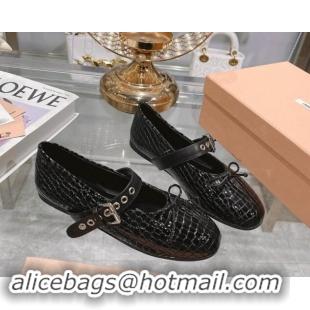 Perfect Miu Miu Embossed Leather Ballerinas Flat with Strap Buckle and Bow Black 507050