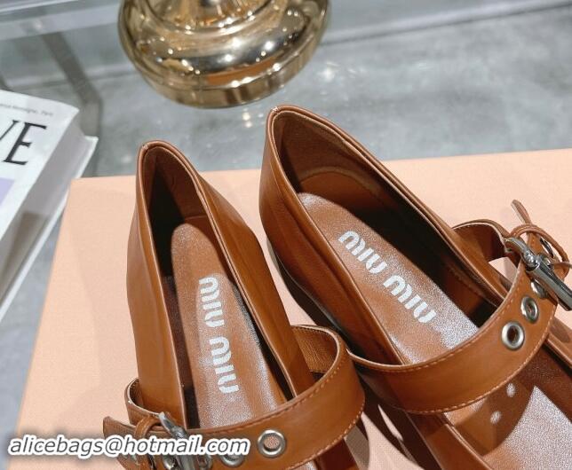 Luxurious Miu Miu Leather Ballerinas Flat with Strap Buckle and Bow Brown 507051