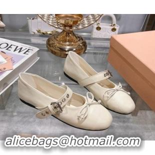 Low Price Miu Miu Leather Ballerinas Flat with Strap Buckle and Bow White 507052