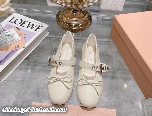 Low Price Miu Miu Leather Ballerinas Flat with Strap Buckle and Bow White 507052