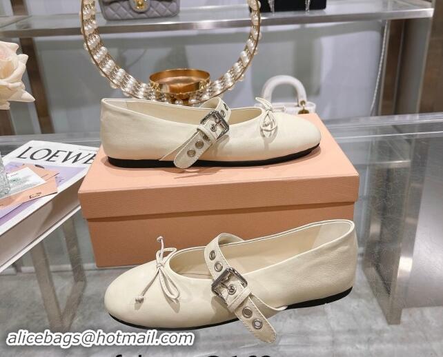 Low Price Miu Miu Leather Ballerinas Flat with Strap Buckle and Bow White 507052