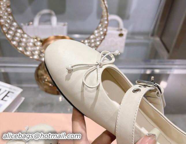 Low Price Miu Miu Leather Ballerinas Flat with Strap Buckle and Bow White 507052