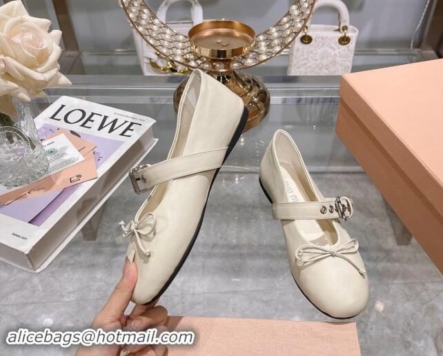 Low Price Miu Miu Leather Ballerinas Flat with Strap Buckle and Bow White 507052