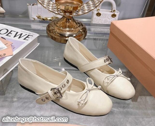 Low Price Miu Miu Leather Ballerinas Flat with Strap Buckle and Bow White 507052