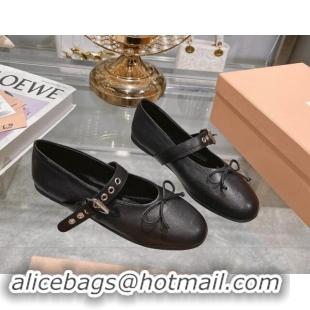 Grade Quality Miu Miu Leather Ballerinas Flat with Strap Buckle and Bow Black 507053 