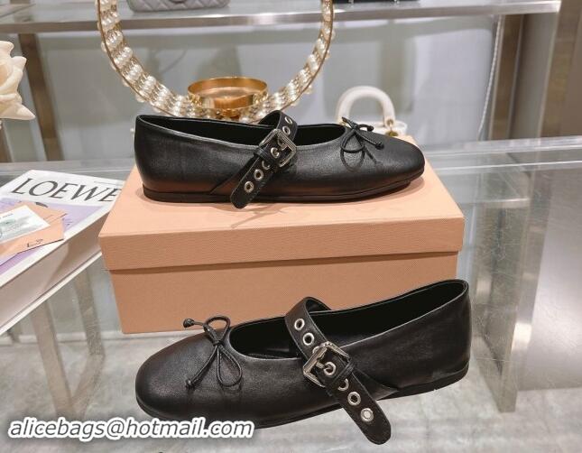 Grade Quality Miu Miu Leather Ballerinas Flat with Strap Buckle and Bow Black 507053 