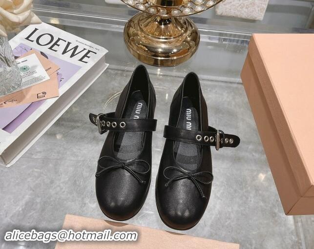 Grade Quality Miu Miu Leather Ballerinas Flat with Strap Buckle and Bow Black 507053 