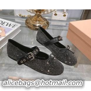 Good Quality Miu Miu Strass Ballerinas Flat with Strap Buckle and Bow Black 507054