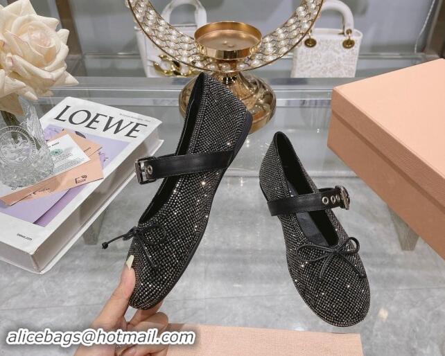 Good Quality Miu Miu Strass Ballerinas Flat with Strap Buckle and Bow Black 507054