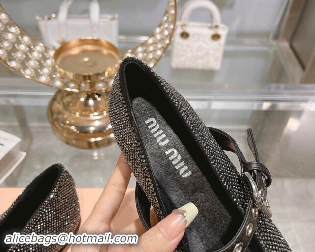 Good Quality Miu Miu Strass Ballerinas Flat with Strap Buckle and Bow Black 507054