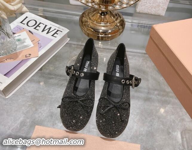 Good Quality Miu Miu Strass Ballerinas Flat with Strap Buckle and Bow Black 507054