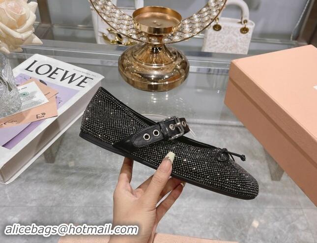 Good Quality Miu Miu Strass Ballerinas Flat with Strap Buckle and Bow Black 507054