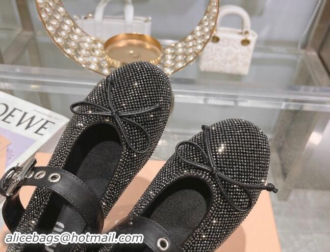 Good Quality Miu Miu Strass Ballerinas Flat with Strap Buckle and Bow Black 507054