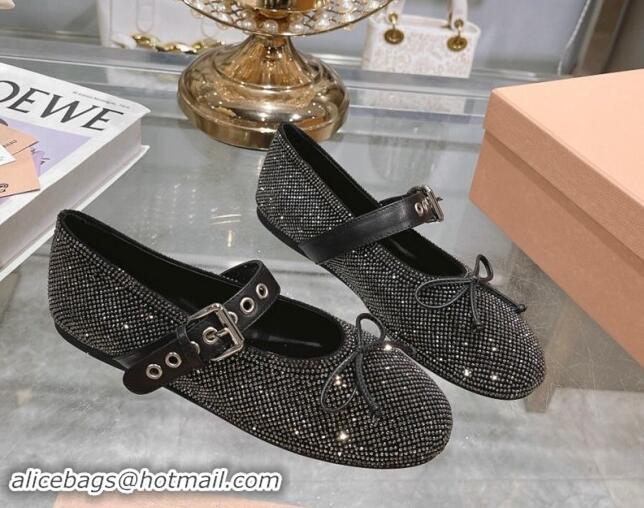 Good Quality Miu Miu Strass Ballerinas Flat with Strap Buckle and Bow Black 507054