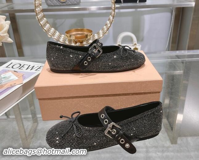 Good Quality Miu Miu Strass Ballerinas Flat with Strap Buckle and Bow Black 507054