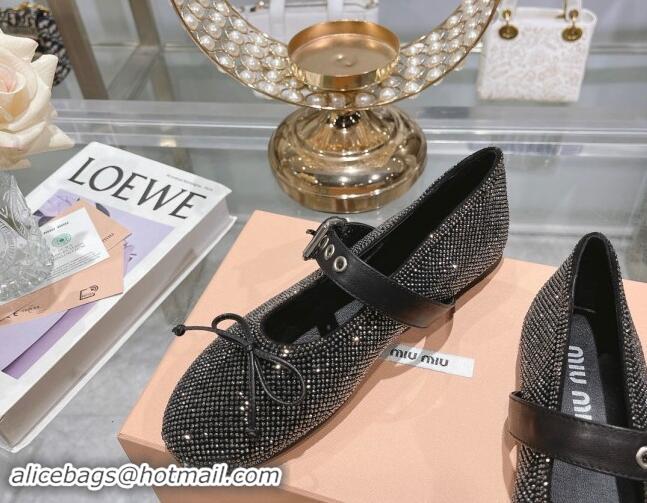 Good Quality Miu Miu Strass Ballerinas Flat with Strap Buckle and Bow Black 507054