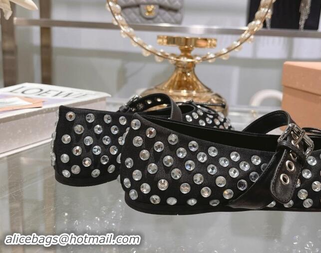 Stylish Miu Miu Leather Ballerinas Flat with Strap Buckle and Strass Black 507055