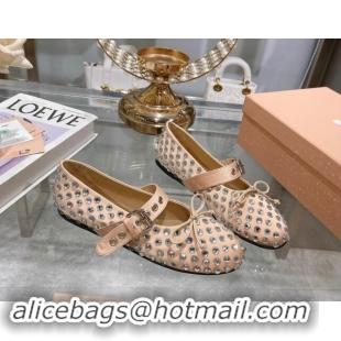 Sumptuous Miu Miu Leather Ballerinas Flat with Strap Buckle and Strass Beige 507056