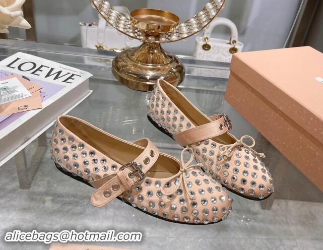 Sumptuous Miu Miu Leather Ballerinas Flat with Strap Buckle and Strass Beige 507056