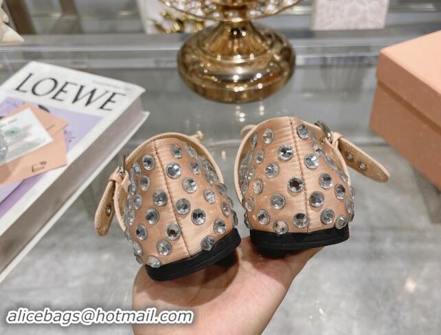 Sumptuous Miu Miu Leather Ballerinas Flat with Strap Buckle and Strass Beige 507056