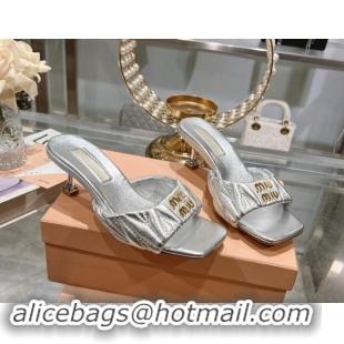 Top Grade Miu Miu Matelasse Leather Heel Slide Sandals 5.5cm Silver 0507061