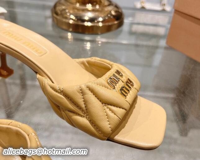 Classic Hot Miu Miu Matelasse Leather Heel Slide Sandals 5.5cm Beige 507062