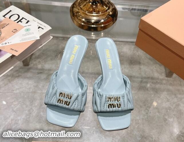 Popular Style Miu Miu Matelasse Leather Heel Slide Sandals 5.5cm Light Blue 507065