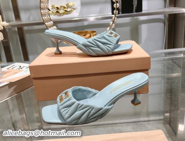 Popular Style Miu Miu Matelasse Leather Heel Slide Sandals 5.5cm Light Blue 507065