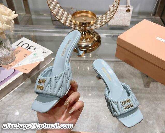 Popular Style Miu Miu Matelasse Leather Heel Slide Sandals 5.5cm Light Blue 507065