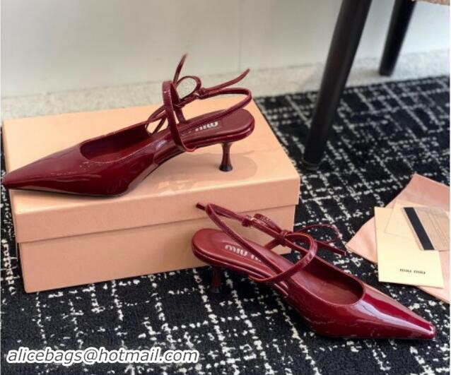 Good Quality Miu Miu Patent Leather Slingback Pumps 5.5cm with Bow Burgundy 507066 