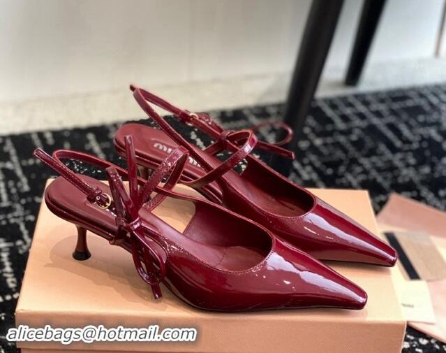 Good Quality Miu Miu Patent Leather Slingback Pumps 5.5cm with Bow Burgundy 507066 