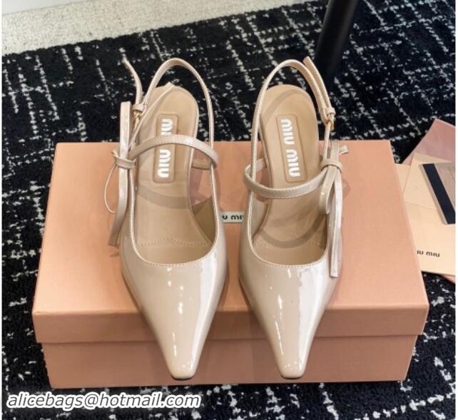 Shop Duplicate Miu Miu Patent Leather Slingback Pumps 5.5cm with Bow Beige 507069 