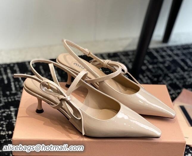 Shop Duplicate Miu Miu Patent Leather Slingback Pumps 5.5cm with Bow Beige 507069 