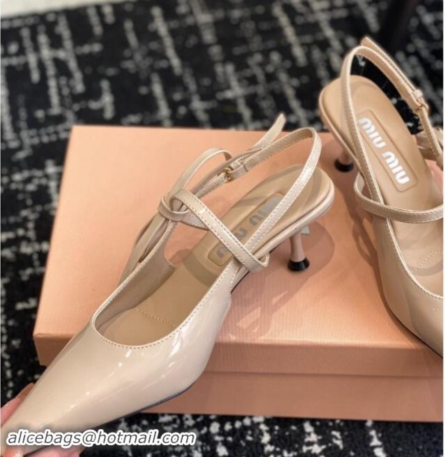 Shop Duplicate Miu Miu Patent Leather Slingback Pumps 5.5cm with Bow Beige 507069 