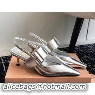 Expensive Miu Miu Patent Leather Slingback Pumps 5.5cm with Buckle Silver 507071