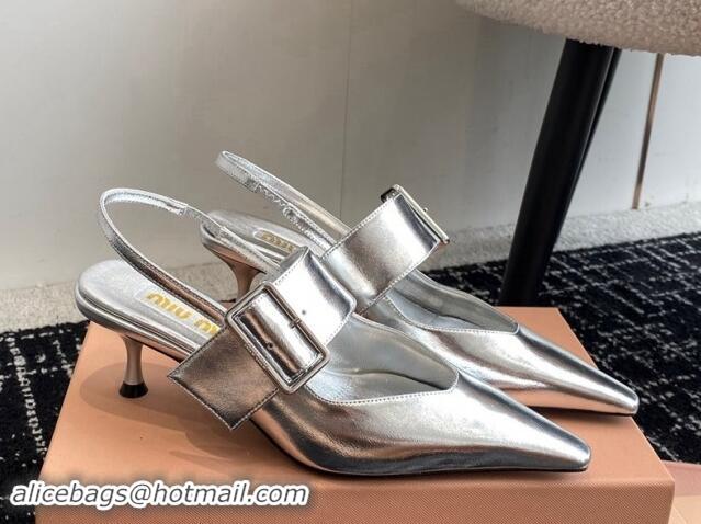 Expensive Miu Miu Patent Leather Slingback Pumps 5.5cm with Buckle Silver 507071