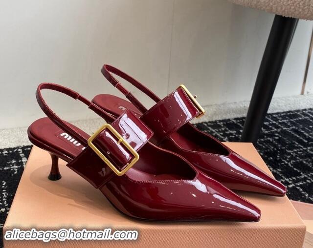 Most Popular Miu Miu Patent Leather Slingback Pumps 5.5cm with Buckle Burgundy 507072