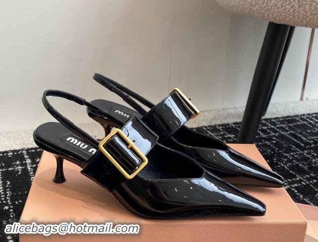 Top Design Miu Miu Patent Leather Slingback Pumps 5.5cm with Buckle Black 507073